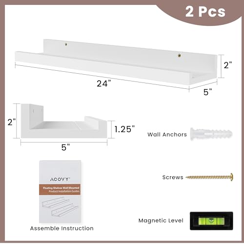 Floating Shelves for Wall, 24 inch Solid Wood Picture Ledge Shelf, Picture Shelf for Wall with Ledge, Floating Book Shelves for Living Room Bedroom Kitchen Nursery Decor, White, Set of 2 - view 3