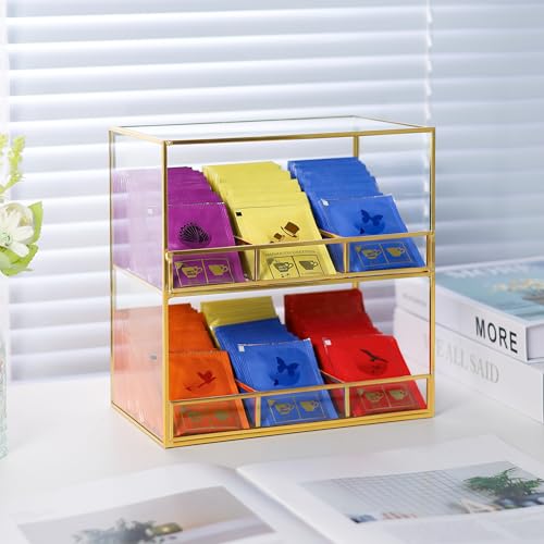 Glass Tea Bag Organizer for Counter, 2-Tier Teabag Organizer Storage Holder for Tea Bags, Glass Caddy Box Containers, Rack Teabag Station Stand for Cabinet Kitchen, 2-Tier, Gold - view 2