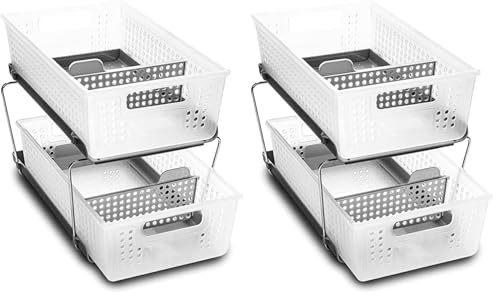 2 Tier Bath Organizer,Undersink Storage with Sliding Drawers,for Cleaning Supplies, Pantry, Sponges,Bottles&Kitchen Essentials,Adjustable Dividers&Pull Out Sliding Baskets,Frost, (Pack of 2)