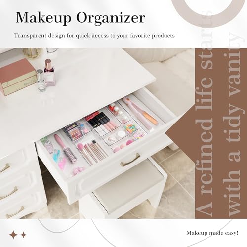 14 PCS Clear Plastic Drawer Organizer Set - 5 Large Size Versatile Kitchen and Bathroom Organizer Trays, Non-Slip Storage Bins for Makeup, Utensils, Tool and Office Desk - view 5