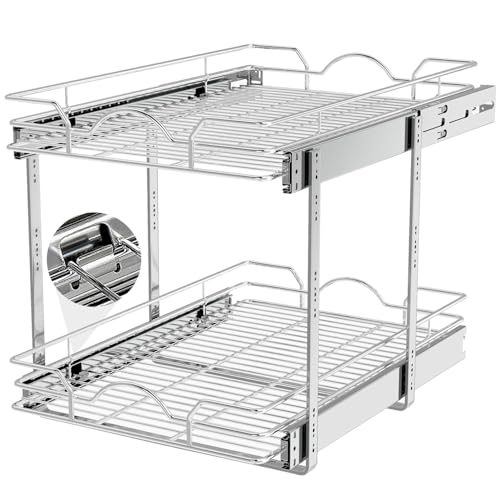 2 Tier Pull Out Cabinet Organizer (14" W x 21" D), Pull Out Drawers for Kitchen Cabinets, Pull Out Shelves for Base Cabinet Organization in Kitchen Bathroom Pantry, Chrome Finish