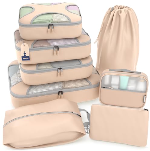 8 Set Packing Cubes for Travel, Shoe & Toiletry Bags (Nude Biege)