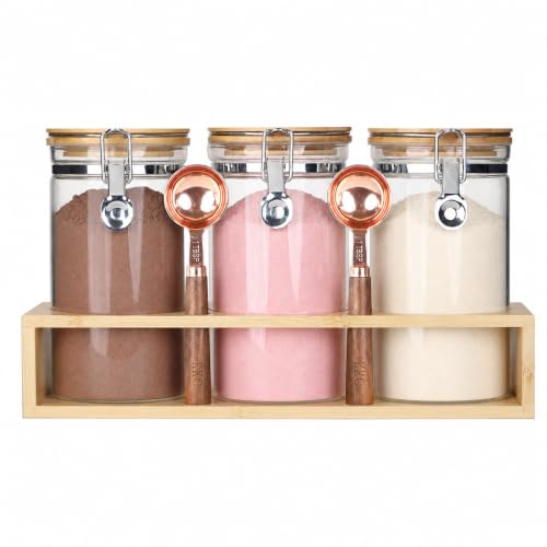 Glass Protein Powder Jars Set with Spoons & Rack