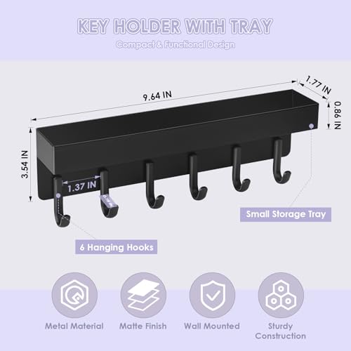 Key Holder Wall Mount, Adhesive Key Rack with Tray, 6 Hooks, Black - view 5