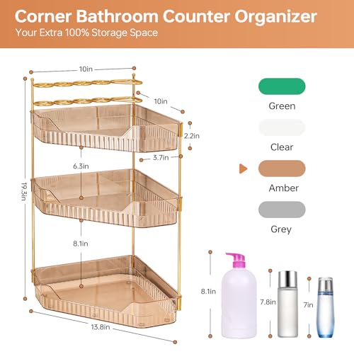 Corner Bathroom Counter Organizer with Makeup Brush Holder & Toothbrush Holders, Makeup Organizer for Vanity Countertop, Acrylic Skincare Storage Shelf (Amber, 3-Tier) - view 2