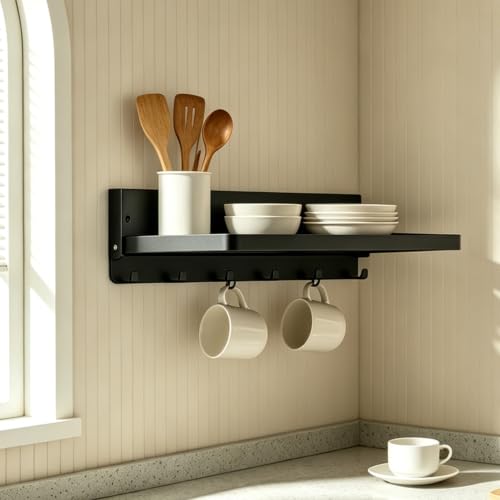 Small Folding Metal Shelf with Hooks, Fold-up Wall Shelf, 6 Hooks - view 2