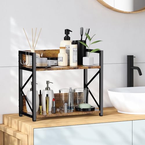 2 Tier Kitchen Counter Shelf Organizer, Coffee Bar Station Organizer for Countertop，Space Saving Spice Rack, Desk Shelf Riser, Coffee Bar Accessories(Rustic Brown, Medium) - view 4