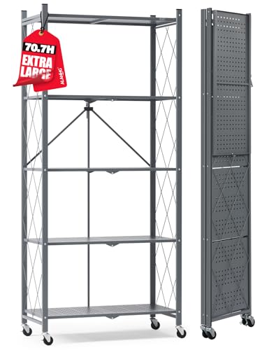 70.7" H Metal Storage Shelves, 5 Tier Folding Storage Shelves on Wheels