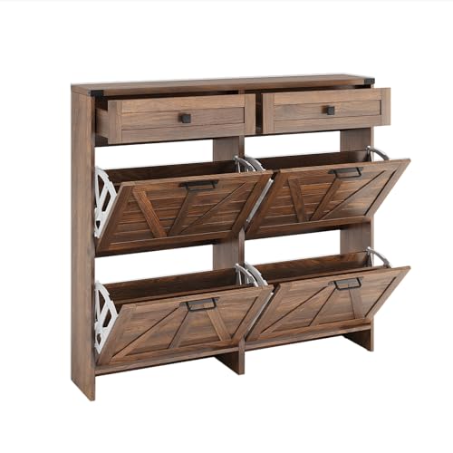 Shoe Cabinet with 4 Flip Drawers & 2 Drawers,Farmhouse Shoe Storage Cabinet for Entryway,Slim Freestanding Organizer Rack for Front Door Entrance,Dark Walnut - view 6