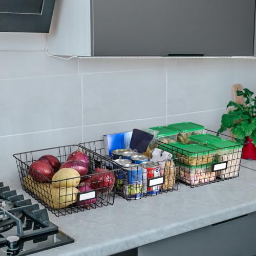 8 Set, Extra Large Wire Baskets for Organizing with Lables, Cabinet Pantry Organization and Storage Bins - Metal Basket for Kitchen, Laundry, Garage, Fridge, Bathroom Countertop Organizer, Black - view 6