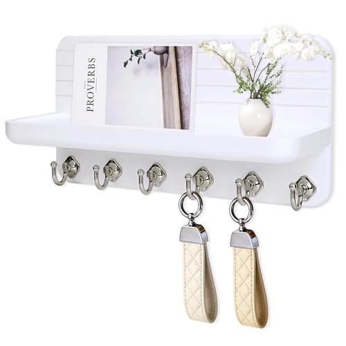 Key Holder for Wall, Mail Organizer Wall Mount with 6 Hooks Wooden Hanging Key Rack for Home Decor, Hallway, Entryway (White)