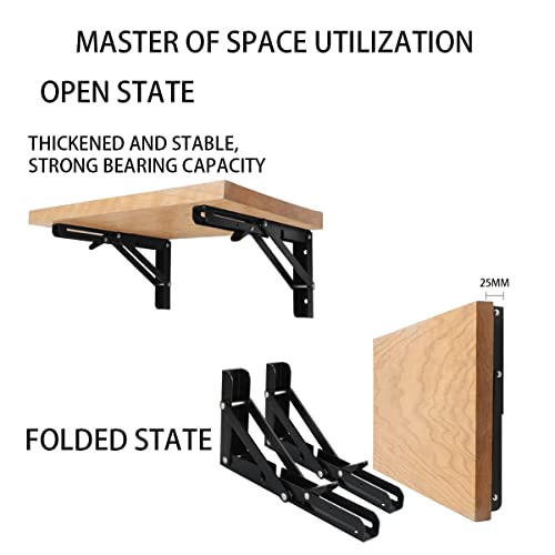 Black Folding Shelf Brackets Max. Load 220 lb, Heavy Duty DIY Wall Mounted Shelf Bracket Space Saving for Table Work Bench (6 INCH-2PCS) - view 2