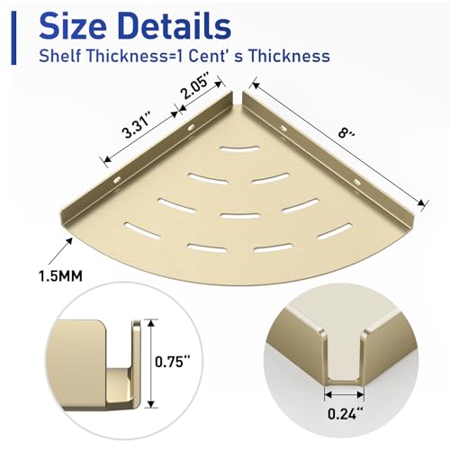 2 Pack Corner Shower Shelves Load Capacity 40 lbs 304 Stainless Steel Shower Corner Shelf Will not Rust 8in Shower Shelf for Inside Shower Brushed Gold Drilling Installation - view 3