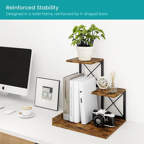 Desk Shelf Organizer, Wood Desktop Organizer Small Bookshelf, 3 Tier Storage Shelf Riser Display Stand for Office Decor and Desk Accessories, Rustic Brown Black - view 6