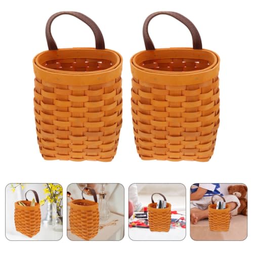 2pcs Woven Hanging Basket Wood PU Handle Decor 15.5x12.5x9.5cm - view 7