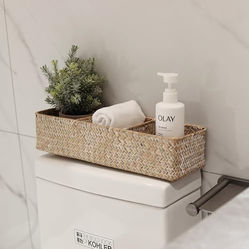 Seagrass Storage Basket 3 Sections Woven Shelf Baskets with Compartment (Whitewash, 14.6inch x 4.7inch x 3.1inch) - view 4