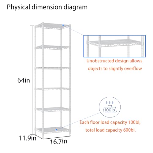 6 Wire Shelving Steel Storage Rack Adjustable Unit Shelves for Laundry Bathroom Kitchen Pantry Closet (16.7L x 11.9W x 64H, White) - view 2