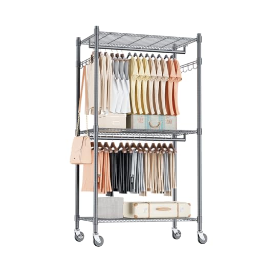 Narrow Rolling Garment Rack with Double Rods and 3 Adjustable Shelves, Compact Portable Closet Organizer for Bedroom, Dorm, Laundry Room, 23.62" W x 16.54" D x 80.71" H, Gray