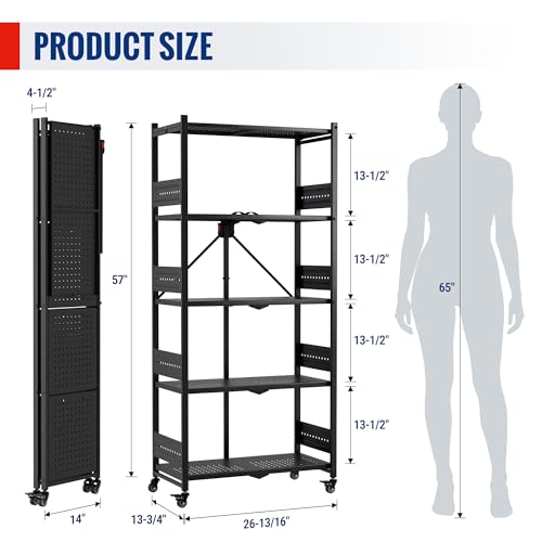 5-Tier Folding Shelf, No-Assembly Metal Storage Rack with Wheels, 750 lbs Capacity (with Leveling Feet), Collapsible Shelving Unit for Kitchen, Pantry, Bathroom & Closet Organization - view 3
