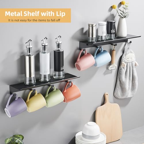 Mug Holder Wall Mounted, Set of 2 Tea Cup Rack, Floating Shelf with 4 Hooks for Coffee Bar Accessories, Kitchen Office Home Storage Decor Display Collection Organizer, Metal Hanging Hanger - view 4