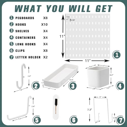 Pegboard Combination Kit, Wall Mounted Storage Set with 8 Pegboards & 32 Accessories Hanging, White Peg Boards Organizer for Walls Display, Crafts Organization, Kitchen Organizer, 22" x 44" - view 4