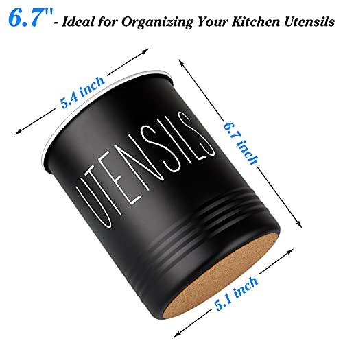 Kitchen Utensil Holder, 6.7" Utensil Holder for Kitchen Counter, Cooking Utensil Crock with Cork Bottom, Modern Farmhouse Decor, Countertop Utensil Storage Organizer Caddy, Black - view 2