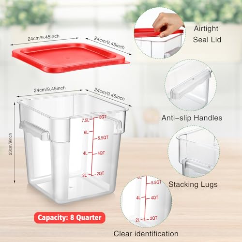 2 Pcs Square Food Storage Container Polycarbonate Clear Food Container with Lid Commercial Rice Storage with Graduations for Commercial Kitchen(8 Qt,Red) - view 2
