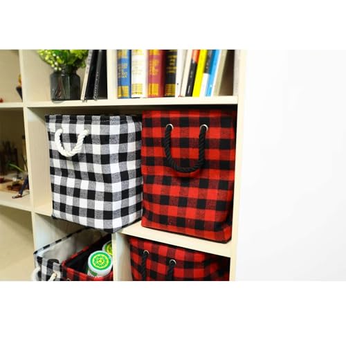 Large Rectangular Foldable Storage Laundry Baskets with Cotton Rope Handles Nursery Soft Felt Fabric Bins Delicate Home Organizer Solution, Red Black Grid, L - view 6