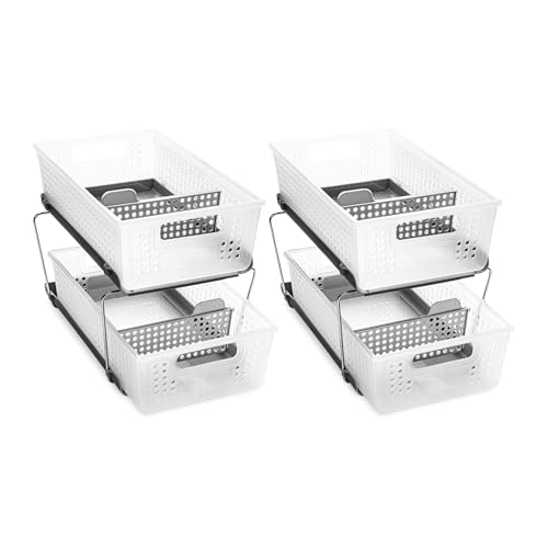 2 Tier Organizer, Under Cabinet Storage with Pull Out Sliding Drawers, for Cleaning Supplies, Pantry, Undersink, Sponges, Bottles & Bath, Pull Out Baskets, Frost 2 PACK