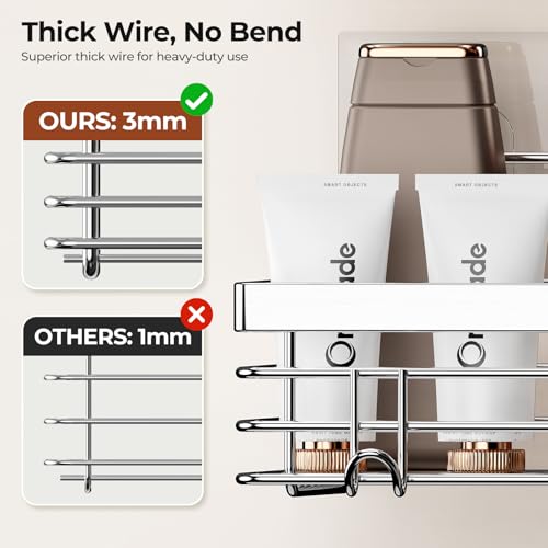 Adhesive Shower Caddy Soap Dish Holder Shelf with 5 Hooks Bathroom Organizer Basket Kitchen Storage Rack Wall Mounted No Drilling Stainless Steel - 3 Pack,Silver - view 3