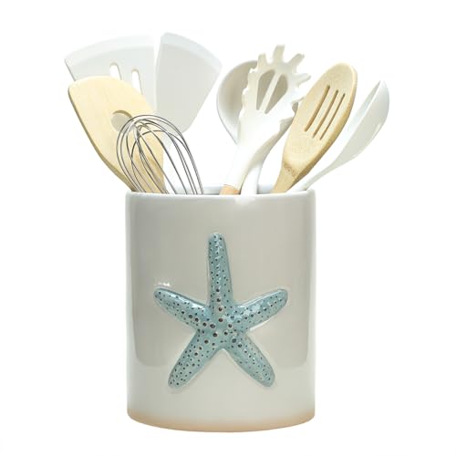 Ceramic Starfish Embossed Utensil Holder, Large Cooking Utensil Crocks for Countertop, Ocean Style Utensil Organizer for Spatula
