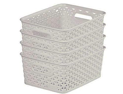 My Style Rattan Effect Set of 4 Kitchen, Living room, Bathroom, Bedroom, Utility Small Rectangular Storage Baskets 4 Litres - Light Grey