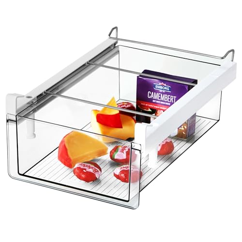 Upgraded Refrigerator Drawers Organizer - Pull Out Fridge Bins with Handle, Extra-Long 19.5" Stretchable and Deep Storage