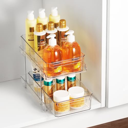 2-Tier Clear Pull-Out Drawer Organizer - Sleek, Compact & Sturdy Makeup and Closet Organizer - Easy Assembly Kitchen Storage Solution, Ideal for Makeup, Tools, Medicines & Snacks