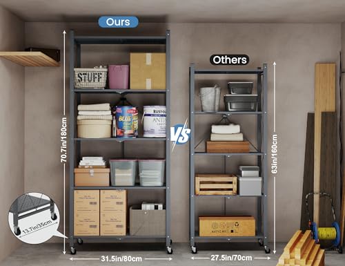 70.7" H Metal Storage Shelves, 5 Tier Folding Storage Shelves on Wheels - view 2