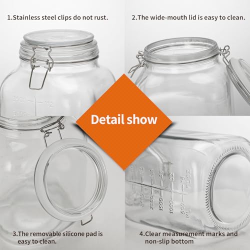1.1 Gallon Large Glass Food Storage Jars with Airtight Lids,Set of 2 Square Wide Mouth Airtight Glass Storage Container,135oz Kitchen Mason Jar with Measurement Mark,for Flour Sugar Canning. - view 5