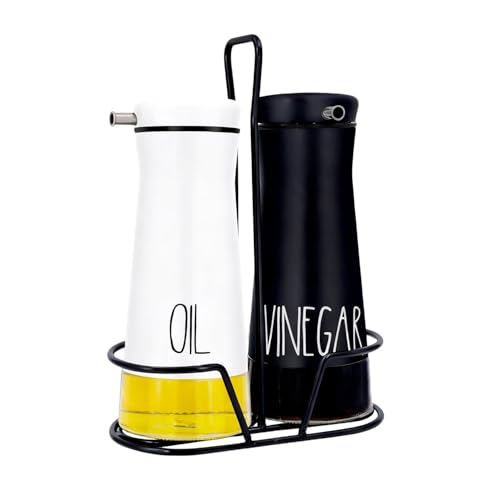 Oil And Vinegar Dispenser Set with Caddy - 2 Pack Oil Dispenser Bottles for Kitchen with No-Drip - Kitchen Decor and Accessories for Home Restaurants Weddings, Black & White