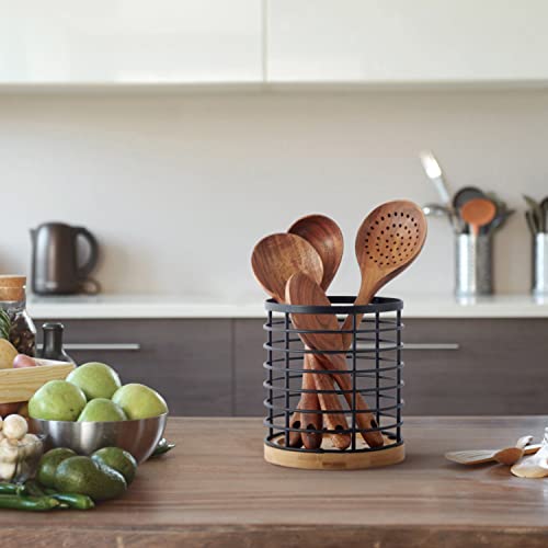 Utensil holder for Kitchen Counter - 5.2" x 5.2" x 6" Large Round with Wooden Base Matte Black Cooking Utensil Holder Utensil Organizer (Metal+Bamboo) - view 4