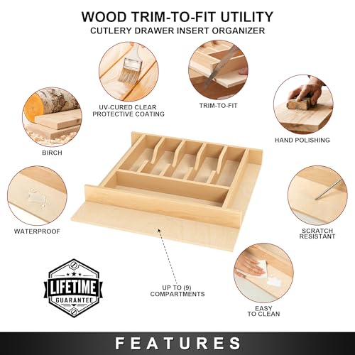 Natural Birch Wood Utensil Drawer Insert Organizer with 9 Compartments, Space-Saving Sturdy Drop-In Cutlery Divider Tray, Kitchen Cabinet Storage for Silverware, Spoons, Forks and Knives - view 3