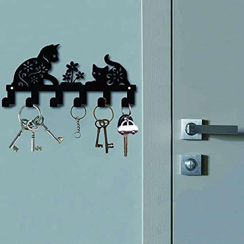 Metal Key Holder Black Key Hooks Wall Mount Hanger Decor Hanging Organizer Rock Decorative with 6 Hooks Cat and Flower Pattern for Front Door Entryway Cabinet Towel 10.6 x 5.1inches - view 6