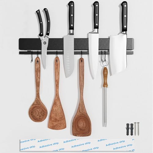 12 Inch Magnetic Knife Strip for Wall, 6 Hooks, Black