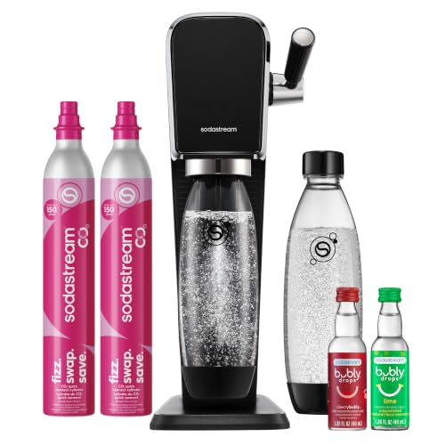 ART Sparkling Water Maker, Value Bundle, Soda Maker, Includes 2 Quick Connect 60L CO2 Cylinders, 2 Dishwasher Safe BPA Free Bottles, 2 bubly Flavor Drops, Make your own Pepsi, Black