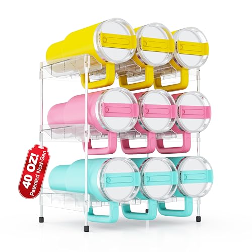 Reusable Stackable with Handle Compartment Water Bottle Tumbler Organizer for Stanley 40oz with Handle Cup, Stanley Accessories for Pantry, Cabinet & Kitchen Organization and Storage,3 Tier Hold 9