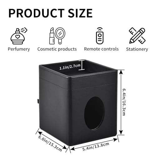 Tissue Box Cover Square Tissue Box Holder PU Leather Facial Tissues Organizer with Storage Tray for Bathroom Vanity Bedroom Office Car, Stylish Napkin Caddy Decorative Organizer (Black) - view 5