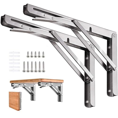 Folding Shelf Brackets 12 inch 4 Pcs Max. Load 220lb - Heavy Duty Stainless Steel DIY Wall Mounted Collapsible Shelf Bracket, Space Saving for Garage Workstation, Stuff Supports, Table, Workbench - view 2