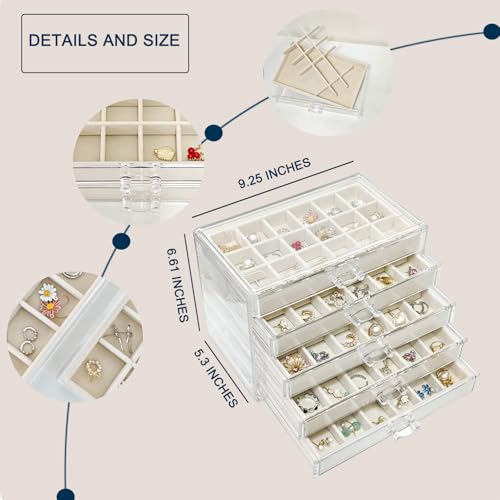 Acrylic Earring Holder Organizer with 5 Drawers Clear Earring Organizer Box with 90 Adjustable Grids Velvet Earring Display Case Jewelry Organizer for Earrings Rings Studs (Beige) - view 2