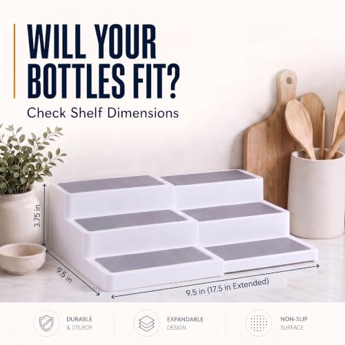 Plastic 3-Tier Expandable Spice Rack, Adjustable Length, Stability with Non-Skid Shelf, For Easy Visibility, Organizer for Kitchen Cabinet, Pantry or Countertop, (2-Pack), White/Grey - view 2