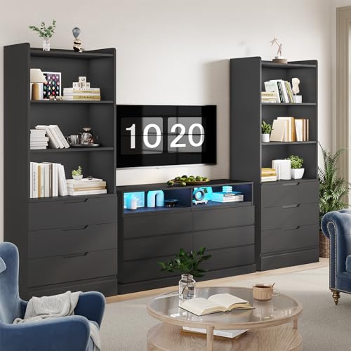 Bookcase with 3 Drawers and Shelves 73.23'' Tall Bookshelf with Storage Modern Wood Closet Drawers System,Closet Organizer Unit Freestanding Tall Storage Cabinet for Home Office,Bathroom,Black - view 4
