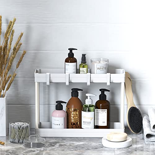 2-Tier Under Sink Organizer Storage Tray with Hooks, White - view 3