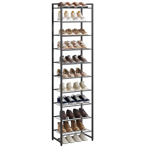 Narrow Shoe Rack, 10-Tier Metal Shoe Organizer,Tall Shoe Shelf with Anti-Tip Strap, Max Holds 22 Pairs,Space Saving for Closet,Entryway,Black